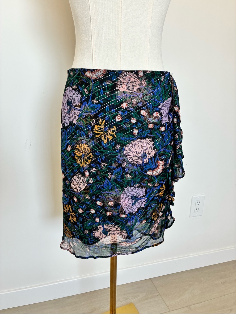 Veronica Beard Silk Black Floral Mini Skirt with Ruffle Detail